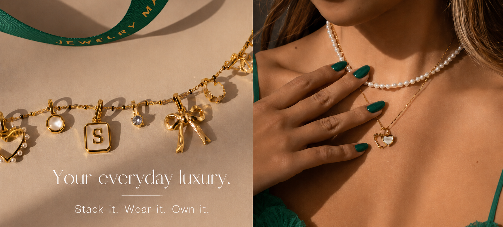 Jewelry set with charms and a necklace worn by a person, with text 'Your everyday luxury.'