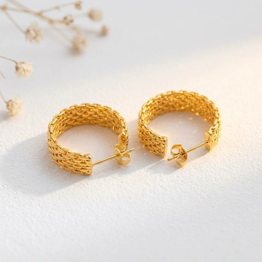 Pair of gold hoop earrings on a white background with dried flowers.